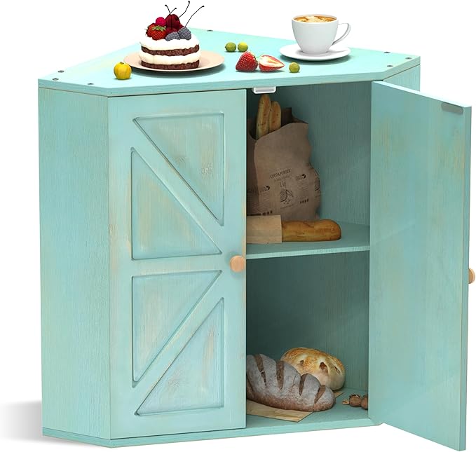 Trironsun Corner Bread Box for Kitchen Counter Double Layer Bamboo Bread Storage Container Large Capacity Bread Storage Bin Farmhouse Breadbox Organizer (Antique Blue)