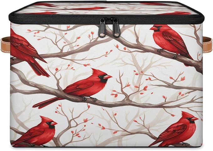 Storage Bins Branch Cardinals Storage Basket with Zipper Lid & Handle Foldable Storage Box Storage Cube Bin Clothes Organizer for Closet, Bedroom