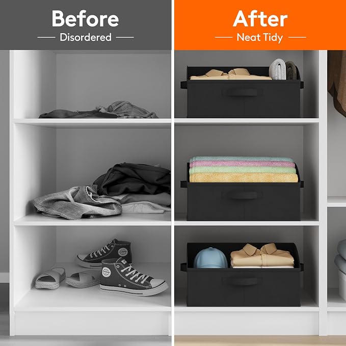 Lifewit Trapezoid Closet Storage Bin for Shelf, 6 Packs 19L, Black | Non-woven Closet Organizer Baskets with Handles, Foldable Clothes Containers Boxes for Clothing, Book, Purse, Large