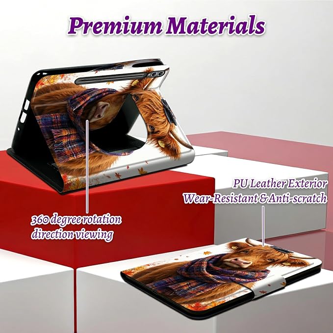 Rotating Handle Case for Samsung Galaxy Tab S6 Lite 10.4" 2024/2022/2020, 360 Degree Swivel Kickstand with Magnetic Closure Shockproof Leather Cover for Women Men, Scarf Yellow Bull