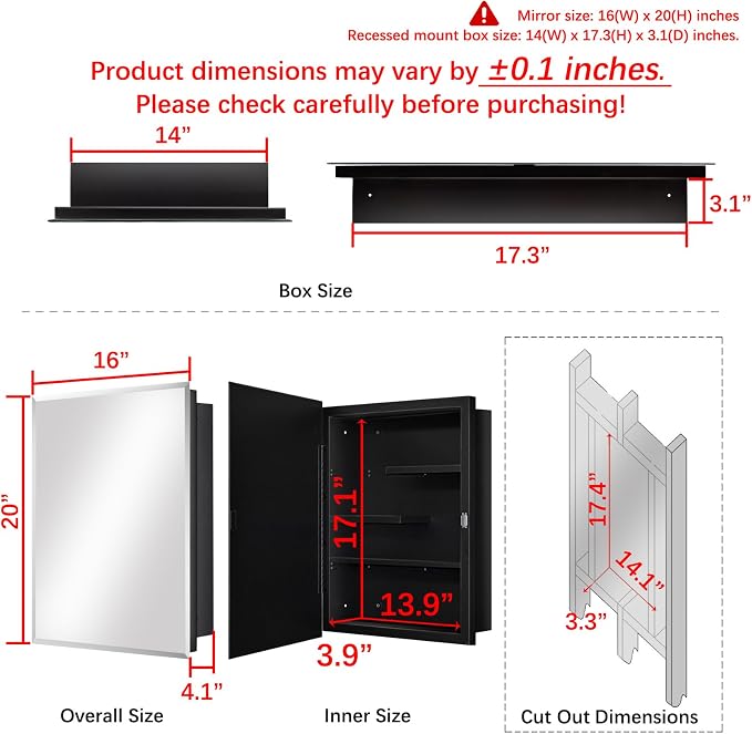 Black Metal Medicine Cabinet With Mirror, 16 x 20 Recessed Bathroom Storage | Recessed or Surface Mount Beveled Mirror Cabinet with Adjustable Staggered Shelves, Piano Hinge, Reversible Door, Powder Coat