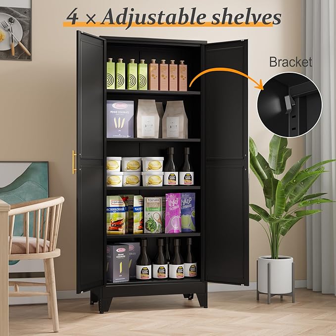 Black Pantry Storage Cabinet, 71" Metal Kitchen Pantry Storage | Steel Storage Cabinets with Doors and 4 Adjustable Shelves, Metal Storage Cabinet, for Office, Home, Garage, School