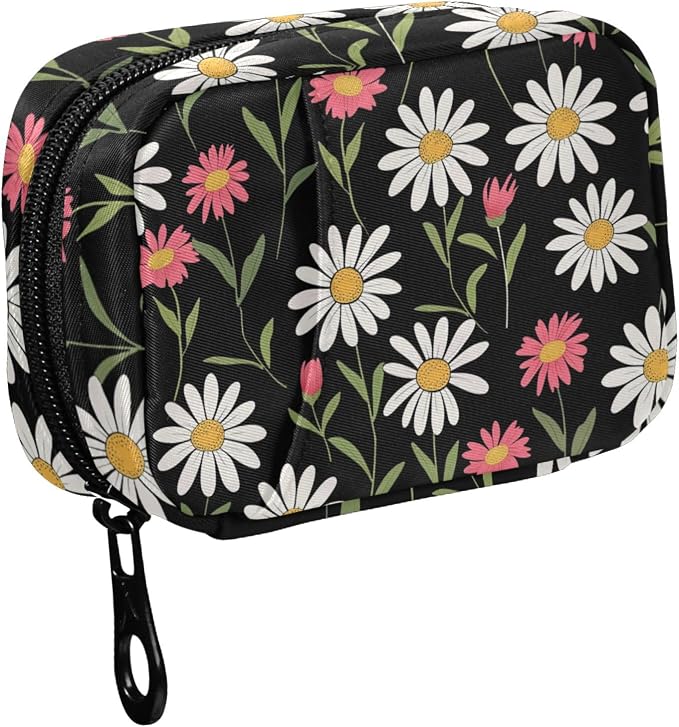 Fustylead White and Pink Cute Daisy Flowers Pill Organizer for Purse, Weekly Portable Pill Box with Zipper to Storage Vitamins Fish Oils Medications Supplements