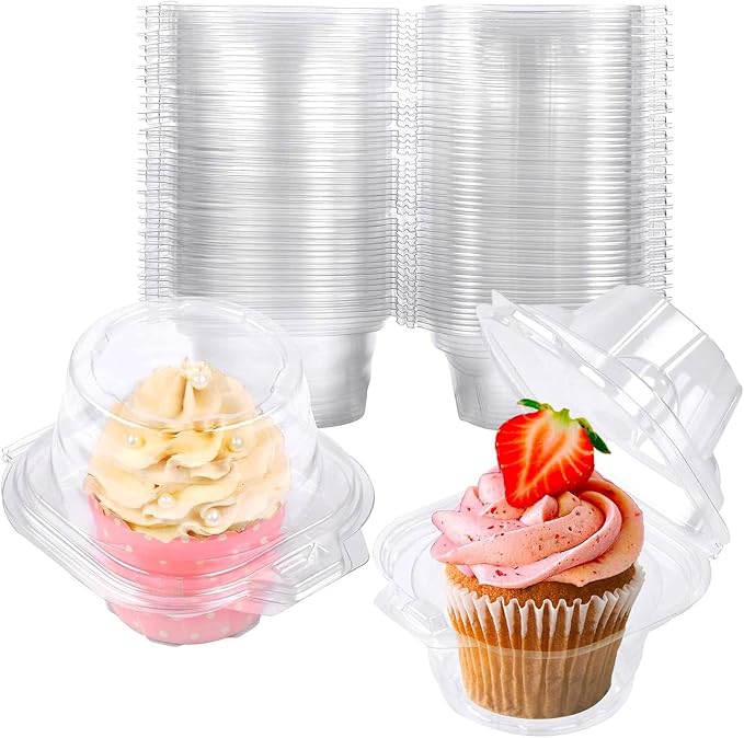 NPLUX 100 Pack Individual Cupcake Containers Plastic Cupcake Box Stackable | Individual Plastic Boxes, Holders, Stackable Shape, Deep Cover, Carrier Use, for Bakeries, Catering, Event Prep
