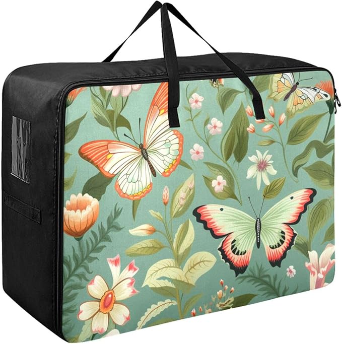 Comforter Storage Bags Large Folding Blanket Organizer Bag with Strong Handles Clear Window Closet Storage Containers for Clothes King Queen Pillows Bedding Quilt Duvet Sage Green Butterfly Flo