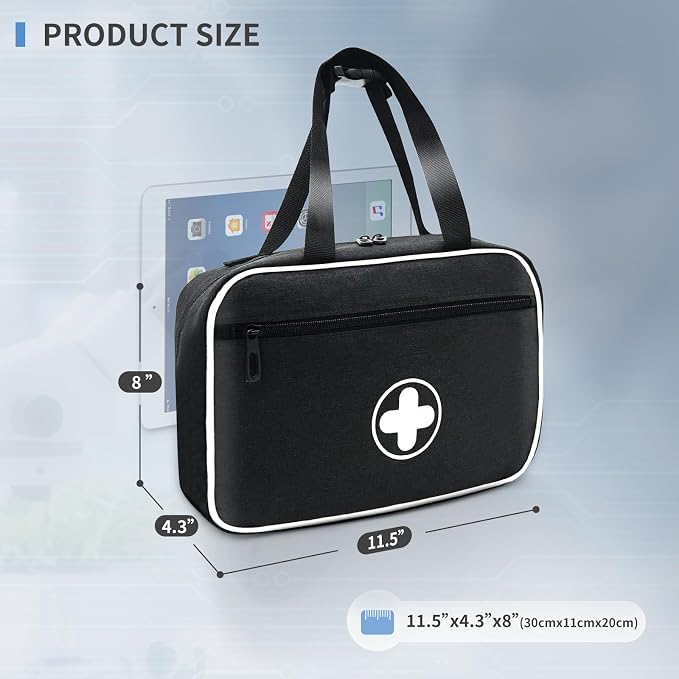 Portable First Aid Bag, Empty Emergency Trauma Kit with Reflective Strips, Multi-Compartment Medical Organizer for Travel, Camping, Car, Outdoor and Home, BAG ONLY (Black)