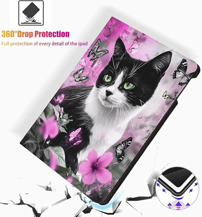 for Microsoft Surface Go 4/3/2/1-10.5" 2021 Tablet Case,Auto Wake/Sleep,Adjustable Stand Protective Cover - Black and White Cat Butterfly