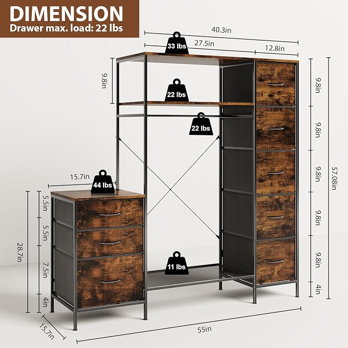 Clothes Rack with 8 Drawers, 4 Shelves & LED, 55" W×57" H Dresser with Hanging Rack, Portable Garment Rack, Freestanding Wardrobe Closet Organizer System for Bedroom, Small Space