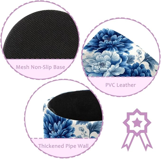 Faux Leather Pen Holder for Desk, Pencil Organizer Blue Flowers Pen Cup Desk Decor Makeup Brush Holder Storage for Office Home