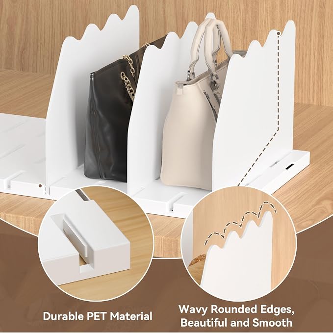SOYO Adjustable Shelf Dividers for Closet, Purse Organizers for Bag, White | Acrylic Handbag Storage Pocketbook Organizer, Bookshelf Separators for Bedroom Armoire Wardrobe Office Cabinet
