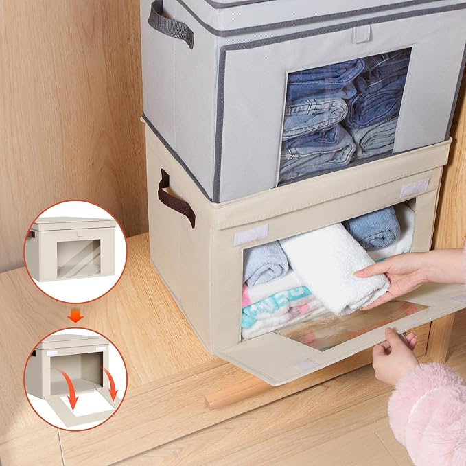 Univivi Front Opening Storage Bins with Lids for Closet, Beige, 4 Pack | Foldable Fabric Storage Cubes, Large Closet Organizers and Storage with Clear Window & Handles for Clothes Storage
