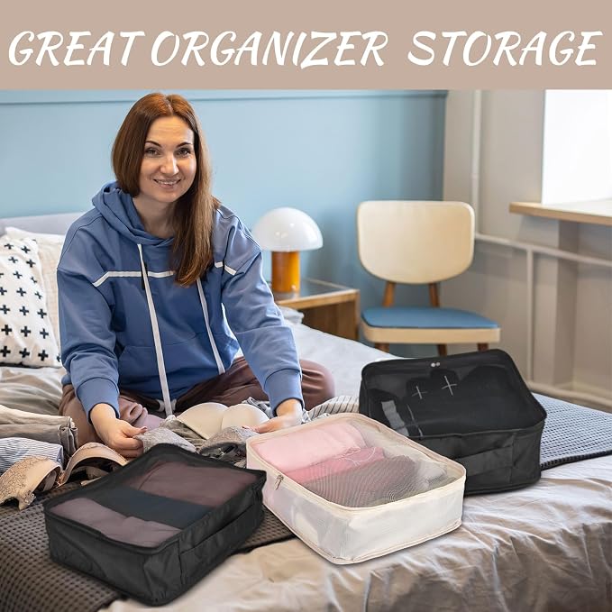 Silkfly 8 Pcs XL Packing Cube for Travel Luggage,Simple,Black Beige | 17.7 x 13 x 4.7, Same Size, Black and Beige Suitcase Storage Organizer Set, Reusable Mesh Clothes Cube for Hiking Camp Family