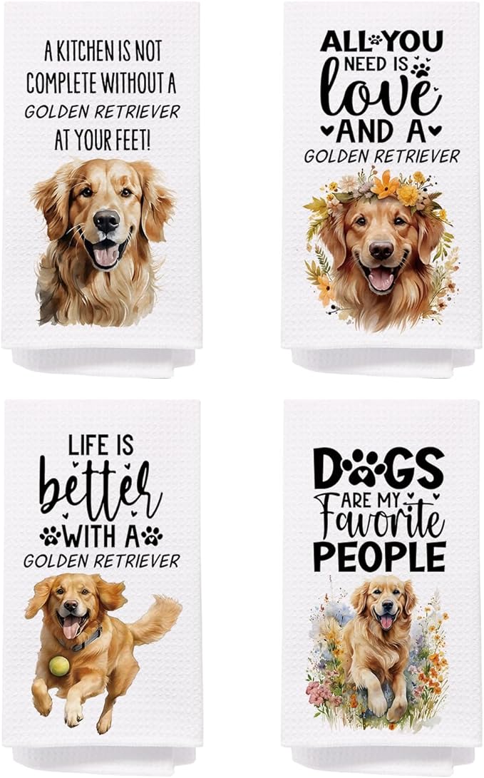 SPBL&L Golden Retriever Dog Kitchen Towels Set of 4, Golden Retriever Gifts for Women,Golden Retriever Decor Dish Towels for Kitchen, Golden Retriever Decorative Hand Towels for Bathroom, 16x24 Inches