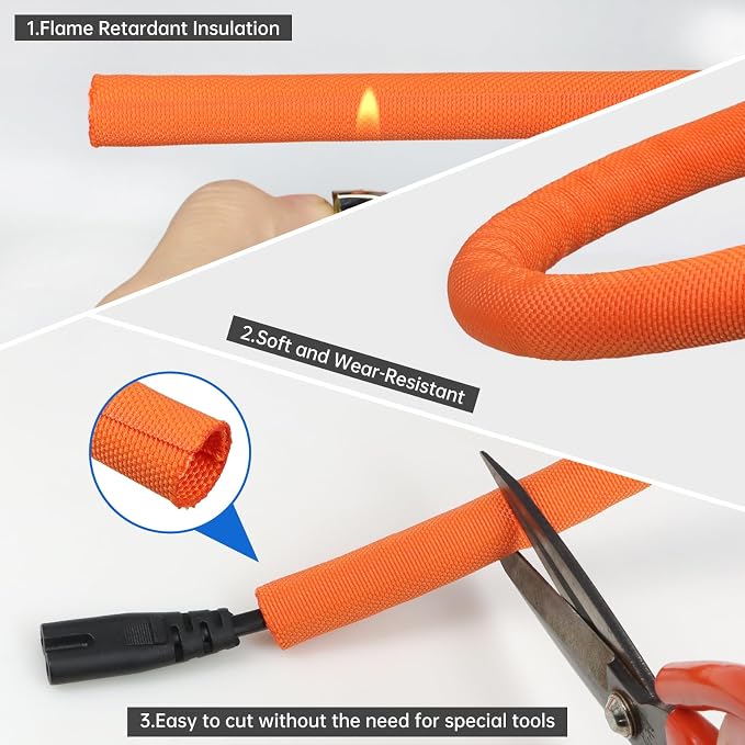Split Braided Cable Sleeve，Flexible Wire Loom Tubing, Automotive Cord Protector Pet Proof, Cable Management for Computer TV Electric Wires Harness 16ft (Orange, 10mm（3/8")