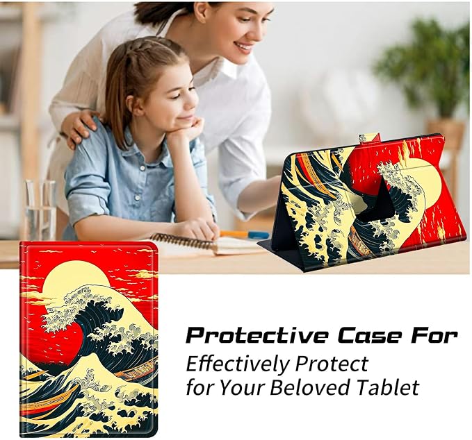 Universal Case for T-Mobile Revvl Tab 2 10.1" Model:9185W 2025/Revvl Tab 5G 10.36" 2023, 360 Degree Rotating Kickstand Protective Stand Leather Shell Cover for 9"-10.5", Red Sky Waves