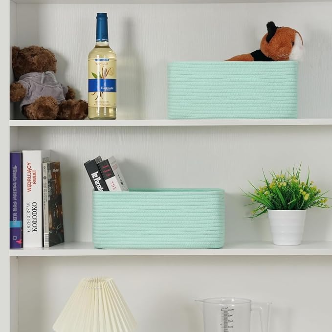 3 Pack Storage Baskets for Organizing, 13.7×9.5×6.3", Cream Green | Woven Baskets for Shelves, Cotton Rope Basket for Gifts Empty, Closet Organizer Bins with Handles, Cube Decorative Box