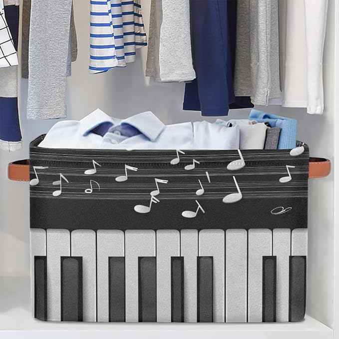 SEULIFE Abstract Piano Music Note Foldable Storage Basket, Large Collapsible Organizer Storage Bin Cube Toys Storage Boxes with Handles for Bathroom Kids Nursery Closet Storage, 1 Pack