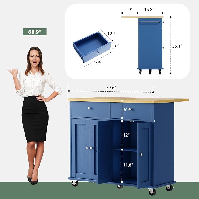 JY QAQA 39" Kitchen Island on Wheels with Storage Cabinet Kitchen Cart Cabinet with Shelves, Cart Handle for Towel Rack or Free Mobility, Portable Islands, Blue