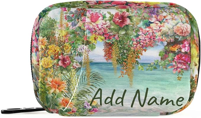 Custom Pill Box 7 Day Pill Case Bag Oil Painting Hawaii Flowers Personalized Name Travel Pill Organizer Bag with Zipper Portable Weekly Case Compact Size for Vitamin Supplement Holder