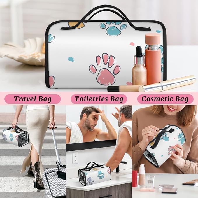 Paw Print Makeup Bag for Women Hanging Roll-Up Travel Organizer Toiletry Kit with 4 Removable Compartments, Puppy Dog Paw