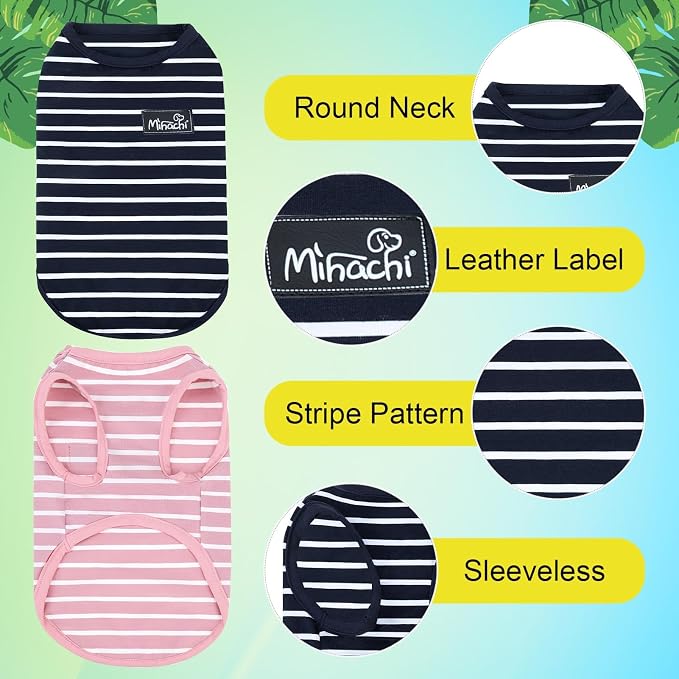 MIHACHI Dog Shirts Cotton Striped T-Shirt, Summer Pet Clothes for Small Dogs, 2-Pack Soft Puppy Apparel Cat Tee, Sleeveless Lightweight, Quick Dry, Breathable,Stretchy, Pink Navy S