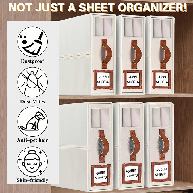 GhvyenntteS 8 Pack Bed Sheet Organizers and Storage (Queen & King Size), Foldable Sheet Organizers and Storage with Window and Label, Bed Sheet Organizer with Leather Handle, Beige