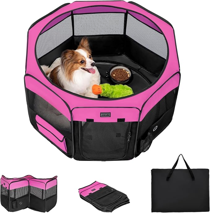 PETSFIT Portable Dog Playpen 29", Removable Waterproof Mat, Zippered Roof | 3-Second Setup, Collapsible Storage, RV Camping Travel, Indoor Outdoor Use, Small Dogs and Cats, 29.5"L x 29.5"W x 16.5"H