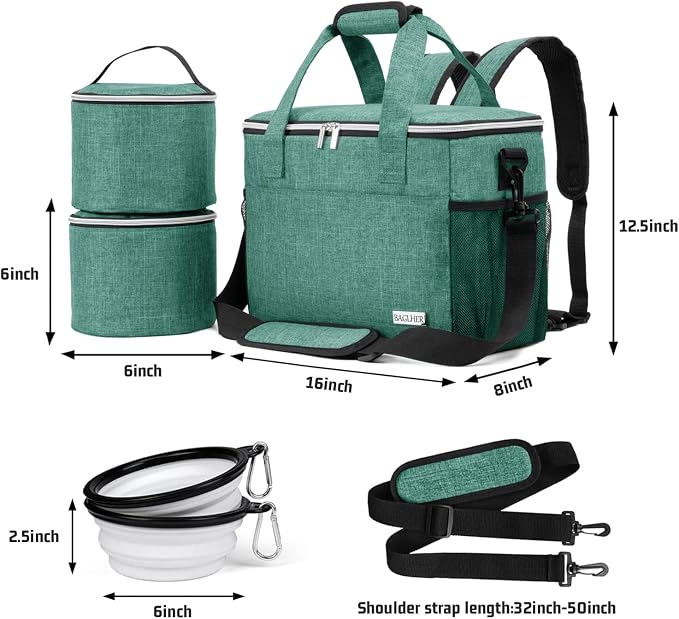 BAGLHER Dog Travel Bag Backpack Pet Supplies Backpack Pet Accessories Storage Bag 5-Piece Set With Shoulder Strap 2 Lined Pet Food Containers 2 Foldable Feeding Bowls Essential Kit for Pet travel
