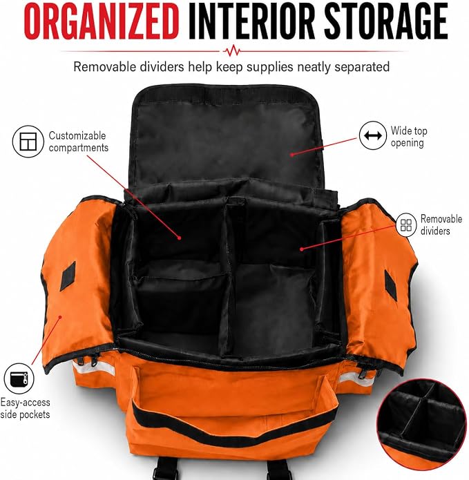 NOVAMEDIC NM-RO63P Professional First Responder Bag, 17” x 9” x 7” Empty EMT Trauma Kit Carrier with Removable Dividers, Reflective Strips, Water-Resistant Base for Emergency Medical Supplies (Orange)