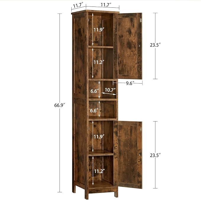 TEENFON 67" Tall Bathroom Cabinet with 2 Adjustable Shelves and 2 Doors, Narrow Bathroom Storage Cabinet for Small Space, Living Room, Entryway, Kitchen, Rustic Brown