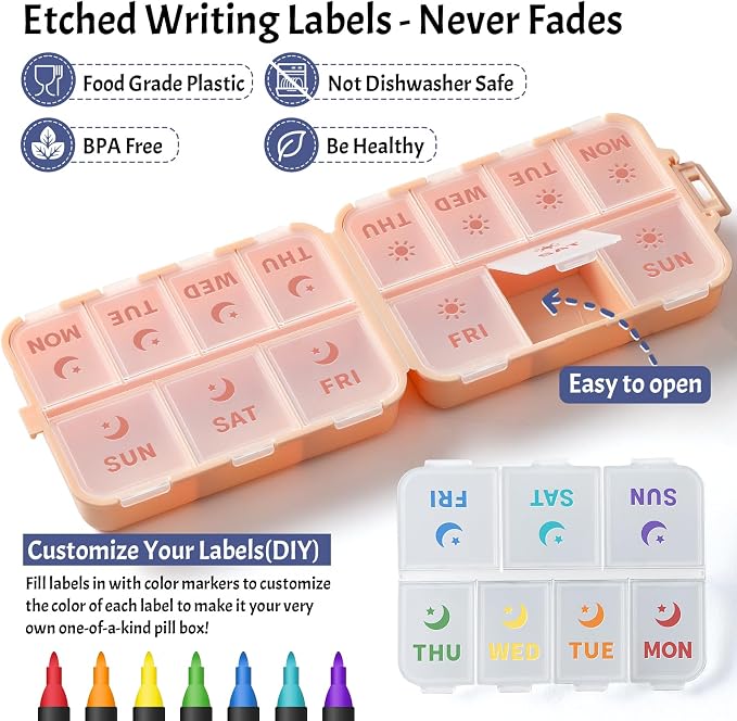 NEW Foldable & Double Protection Portable Weekly Pill Organizer 2 Times A Day with Etched Labels, AM PM 7 Day Week Medicine Box, Daily Travel Pill Case Holder Dispenser for Vitamin, Supplement - Pink
