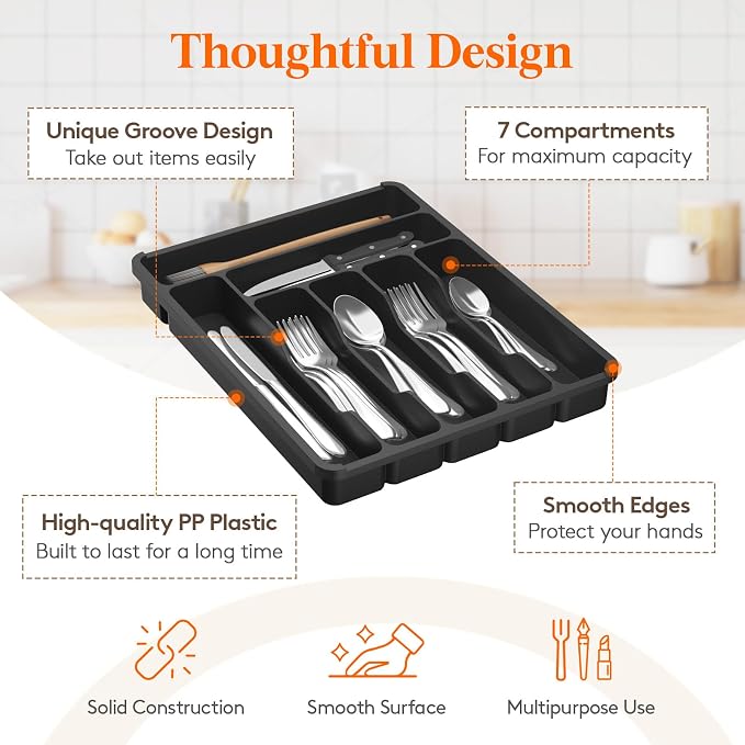Lifewit Silverware Organizer with Lid, Covered Utensil Tray, 11.3x14.4 | Plastic Cutlery Storage Box for Kitchen Drawer and Countertop, Flatware Case Holder for Spoons Forks Knives, Black