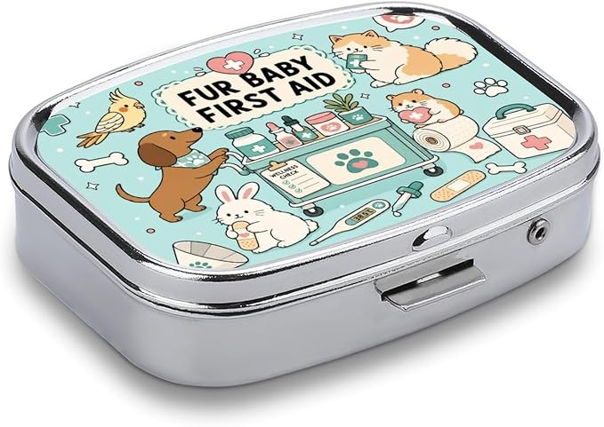 Cute Pet First Aid Essentials Two Compartment Pill Box Medicine Organizer, Portable Pill Case with Secure Snap Closure for Vitamins Medication Supplements Daily Use