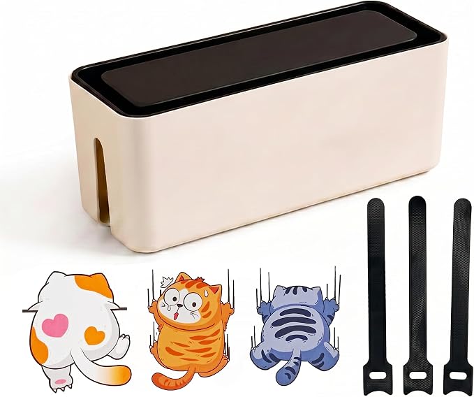 Cable Management Box, Dust-Proof & Heat Dissipation Cord Organizer, Hide Power Strips and Messy Wires, 11.8" (L) x 4.3" (W) x 4.5" (H), Home Office Desk Accessories, Includes 3 Stickers & Straps