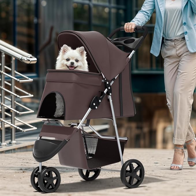 Magshion 3-Wheel Pet Stroller for Small/Medium Dogs & Cats, Up to 33lbs | Foldable Travel Jogger w/ Breathable Mesh Cover, Lightweight Design, Safety Tethers, Cup Holder & Storage Basket