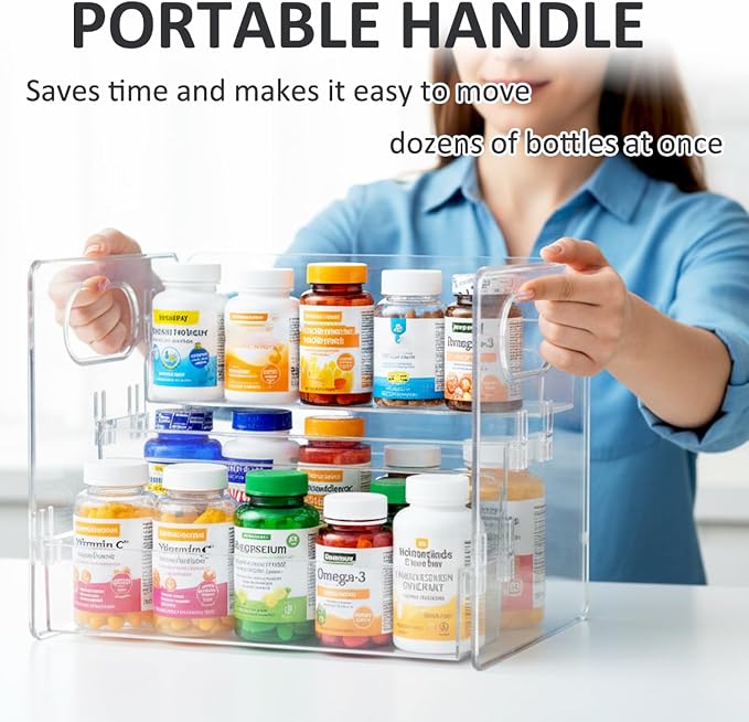 Medicine Bottle Storage Organizer, Pill Bottle Vitamin Organizer for Cabinet 3 Tier Clear Countertop Organizer Storage Rack Easy Access with Removable Shelves