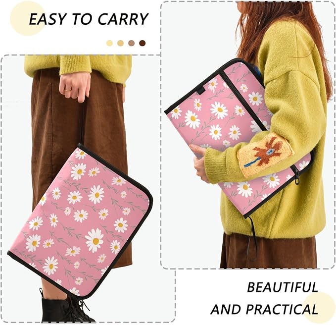 13 Pocket Zipper Expanding File Folder A4 Daisy Flower Pink Print | Accordion File Organizer with Front Pouch A4 Letter Size Portable Folders for Documents Receipt School Office Supplies