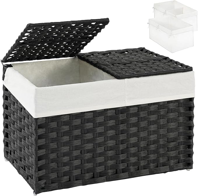 SETVSON Storage Basket with Lid PE Rattan Woven Storage Bins, 65L Black | 65L Storage Bin with 2 Separate Lids, 2 Removable Liner Bags with Divider, Sturdy Metal Frame, Foldable Side Handles