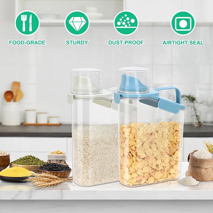 TBMax 2 Pack Rice Container Cereal Storage Container 3.2 Quarts, Kitchen Pantry Dry Food Storage Holder with Easy-Pouring Spout & Handy Cup, Small Pet Dog Cat Food Dispenser for Daily Feeding