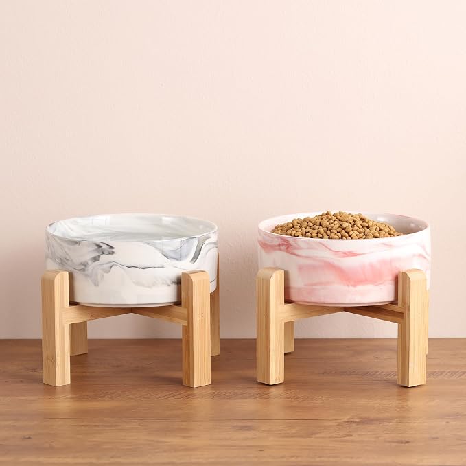 Elevated/Raised Dog Bowl Ceramic with Wood Stand for Small Medium Breed,Dog Food Water Dish Heavy, 6 in Non Slip Modern Cute Porcelain Pet Bowl Marble Grey