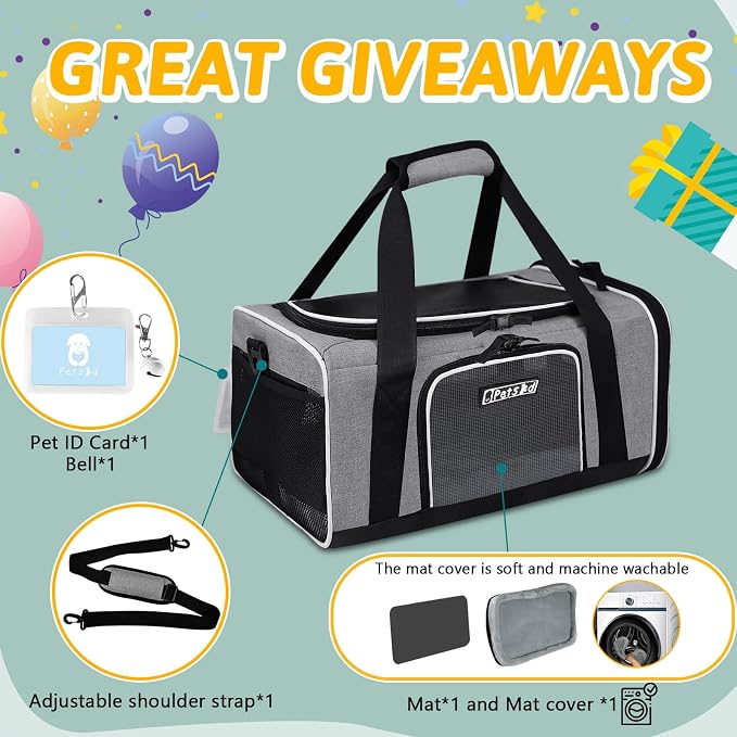 Small Pet Carrier 17" L x 11" W x 9.5" H Airline Approved, Grey | for Alaska Airlines, Lockable Safety Zippers and Anti-Scratch Mesh, Pets Under 10 lbs