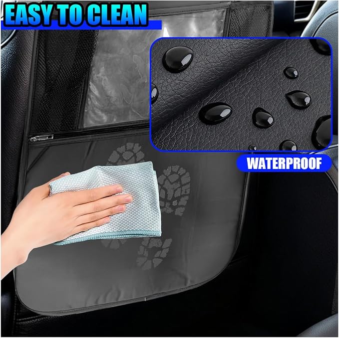 Car Kick Mats Back Seat Protector, Multifunctional Leather Car Rear Seat Hanging Storage Bag, Easy-to-Clean Auto Interior Backseat Organizer Accessory for SUVs, Trucks, Cars (Black)