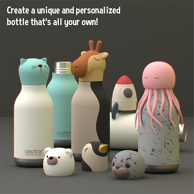 Asobu Bestie Replacement Head for Insulated Stainless Steel Water Bottle - Detachable Soft Animal Head, Collectable for Fun Drinking for Kids, Rocket