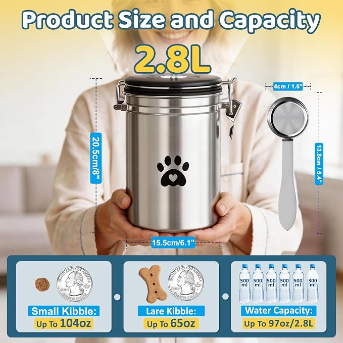 ENONCI Airtight Dog Treat Canister, 304 Stainless Steel Food Storage Jar with Date Dial Silver-2.8L