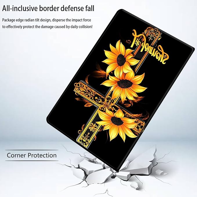Bxgolkgd Tablet Case for Samsung Galaxy Tab S10 Plus 2024/S9 Plus/S9 FE Plus 5G 2023 12.4 Inch,Shockproof Stand Cover with Heat Dissipation,Auto Wake/Sleep Function,Sunflower Cross