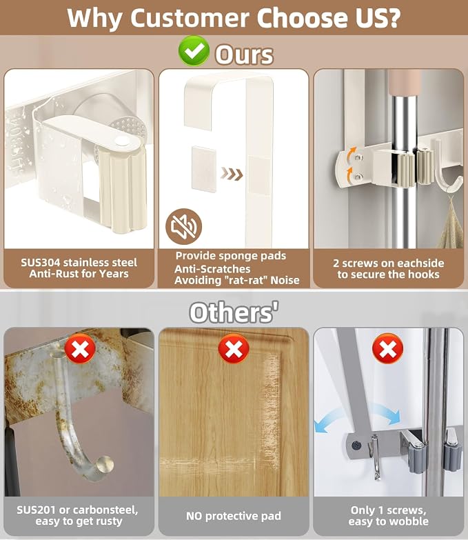 Broom Holder Over The Door with Hooks -304 Stainless Steel (light beige) | Save Space, Anti-Rust & Sturdy, Mop and Broom Holder Wall Mounted or Hanging Over The Door, for Garage Laundry Kitchen