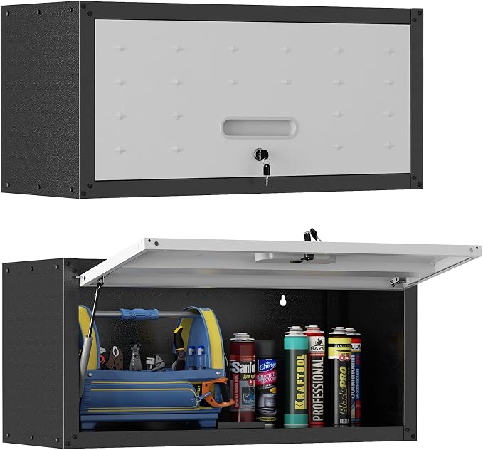 Metal Garage Wall Mounte Cabinet with 1 Up-flip Locking Door,Gray | Heavy Duty Steel Storage Cabinets,Tool Cabinets for Garage,Kitchen,Warehouse,Office,Assembly Required
