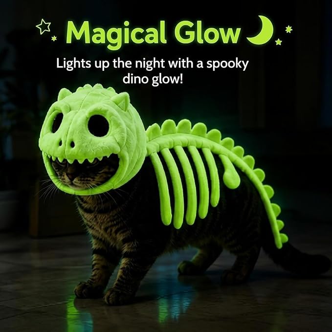 Glow-in-the-Dark Dinosaur Skeleton Cat Costume (XL) | Plush Halloween Pet Hood Outfit with Soft Fabric, Easy-On Design, Perfect for Party, Trick-or-Treat & Holiday Photo Fun