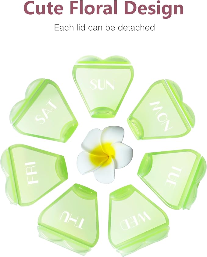 MOLN HYMY Large Weekly Pill Box 7 Day, Cute Pill Case Organizer 1 time a Day, Floral Pill Container Once Daily, Pretty Medicine Dispenser for Vitamin/Fish Oil/Medication/Supplements (Green)