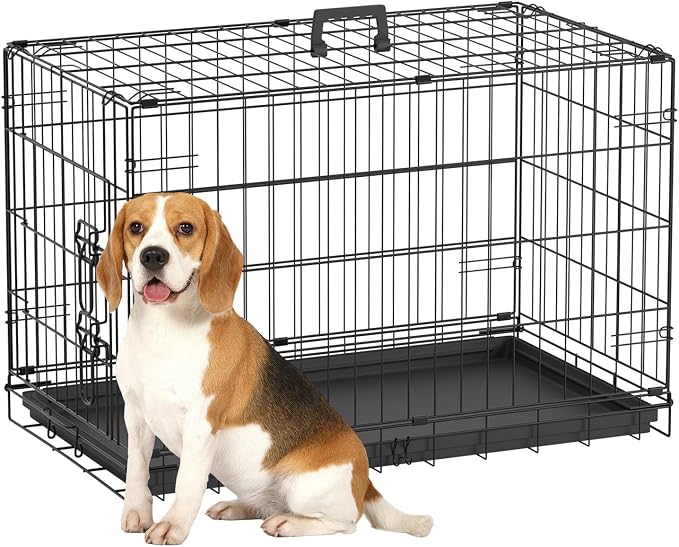 FDW Dog Crate 30-Inch Dog Cage Single Door Foldable Metal Kennel with Leakproof Tray Foldable Design Indoor Outdoor Use for Small and Medium Dogs,Dark Black